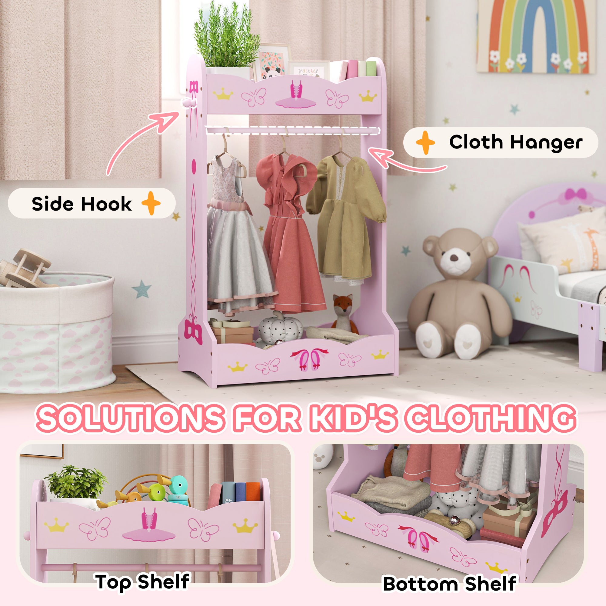 AIYAPLAY Kids Clothes Rail with Two Shelves, for 3-8 Years, Pink